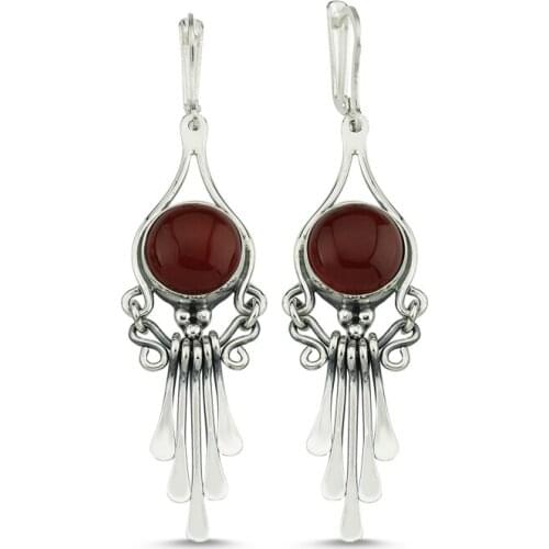 Silverlina Silver Red Agate Gemstone Dangle Hand Handwork Earrings