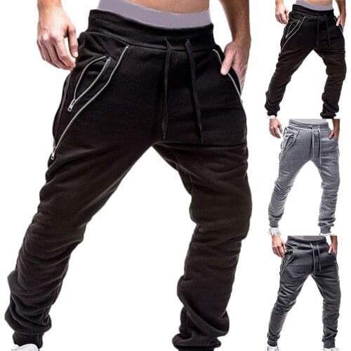 Plus Size M-3XL Sport Men Solid Color Drawstring Pants Trousers Zipper Running Sweatpants Foot pants Gyms male pants