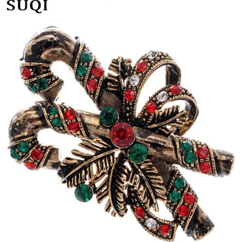 SUQI Vintage Christmas Santa Claus crutch bronze Brooch Rhinestone Enamel Brooches Pin for Womens girl Jewelry accessories 2019