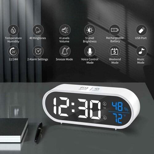LED Digital Smart Alarm Clock Bedside with Temperature Humidity LED Display for Travel Bedside Home