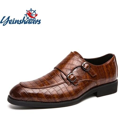 YEINSHAARS Crocodile Leather Business Pointed Shoes Mens Side Buckle Casual Men Shoes Social Wedding Designer Male Formal Shoes