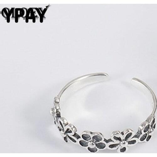 YPAY Retro Flowers Stackable Open Ring for Women Ladies Prevent Allergy 925 Sterling Silver Finger Rings Fine Jewelry YMR298