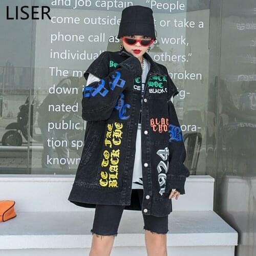 Zipper Stitching Detachable Sleeve Denim Jacket Women 2021 Autumn New Loose Letter Printed Cardigan Jacket Top Black LL288