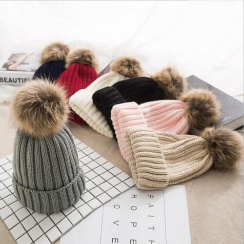 2021Winter Hat Women Knitted Beanie Hat Real Raccoon Fur Pompom Hat for Female Kids Warm Chunky Thick Stretchy Hat