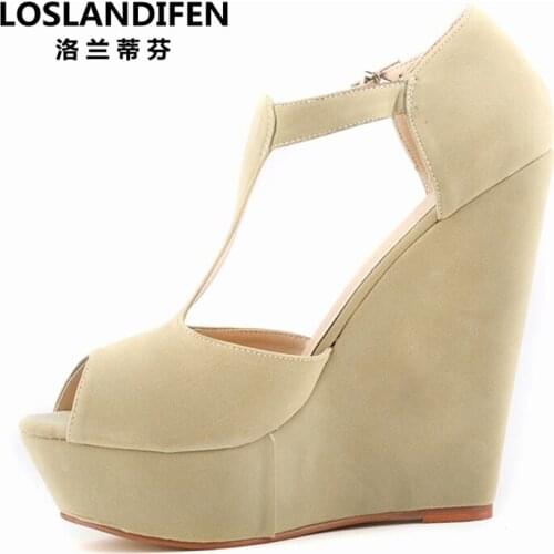 Ladies leisure solid cllor flock with high-heeled big yards sandals 14cm super high heeled big size shoes woman EUR 42