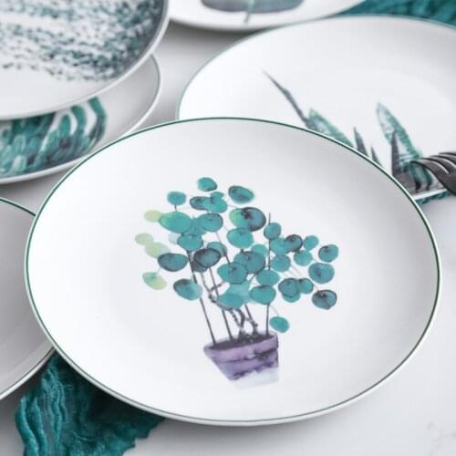 1pcs 8 inch Green Plants Dinner Plates Porcelain Dinner Set Christmas Ceramic Dishes Xmas Cake Pastry Fruit Dessert Tray Cutlery