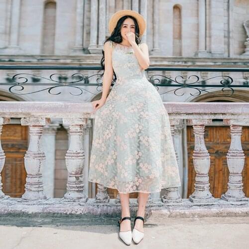 2019 Brand New Women Dress Embroidered Flower Lace Dress Bowtie Strappy-backless Slim Long Dress Green Fairy Dress Vestidos