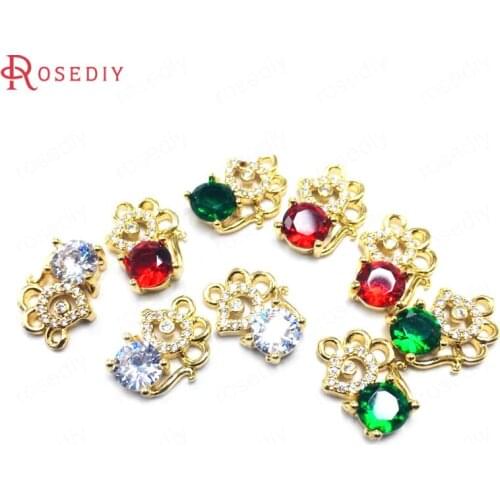 38164)6PCS 9x12MM 24K Champagne Gold Color Brass and Glass Mouse Charms Pendants High Quality Diy Jewelry Findings Accessories