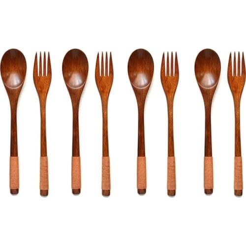 8 Pcs Wooden 9 inchJapanese Spoon Fork Set Kitchen Tableware Natural Wood Cutlery Wooden Dinner Cutlery Set