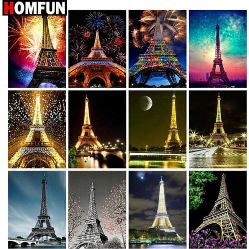 HOMFUN Diamond painting "Night view of iron tower" Full Square/Round Drill Wall Decor Inlaid Resin Embroidery Craft Cross stitch