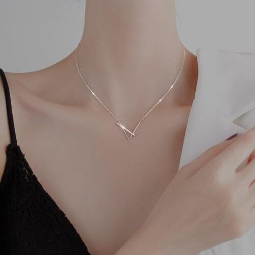 Angfairy 925 Sterling Silver V-Shaped Geometric Necklace For Women Simple Clavicle Chain Necklace Gifts