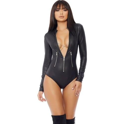 Long Sleeve Latex Playsuit Gothic Faux Leather Bodysuit Zipper Fetish Wetlook PVC Catsuit Erotic Clubwear Plus Size PU Jumpsuit