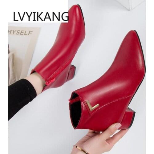 2020 Fashion Women Boots Casual Leather Low High Heels Spring Shoes Woman Pointed Toe Rubber Ankle Boots Black Red Zapatos Mujer