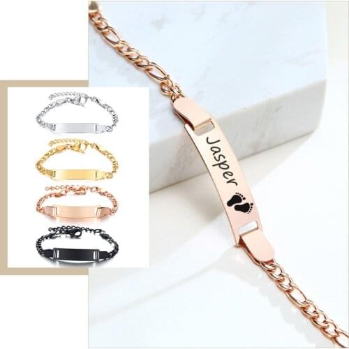 Personalize Engrave Baby Name Birthday Date Bracelet Figaro Link Chain Smooth Bangle No Allergy Custom Gifts Jewelry