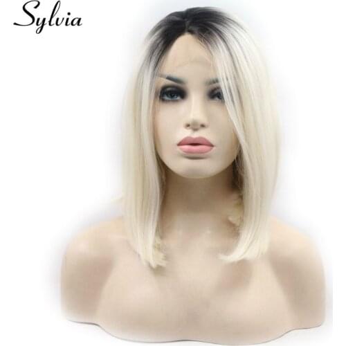 Sylvia Black Roots Ombre Short Bob Synthetic Lace Front Wig Blonde Wigs Heat Resistant Fiber Hair For Women