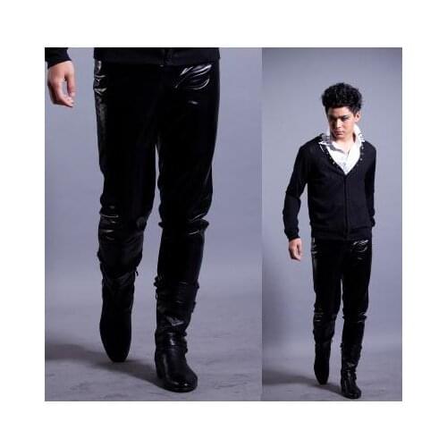 Black Singer costumes PU faux leather pants for the mens 1 pants man stage trousers splice mens pants Provide custom