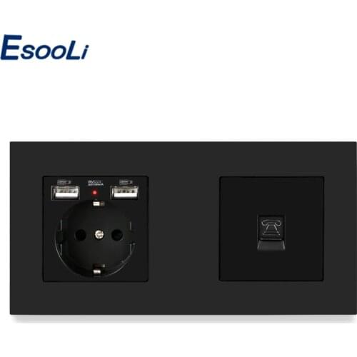 Esooli PC Plastic Panel EU Standard Electric Socket with 2 USB Charge Port + 1 Gang RJ11 2 Core Telephone Connector 172*86mm