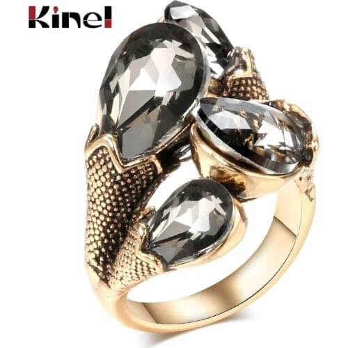 Kinel Unique Well-cut Glass Crystal Vintage Rings For Women Antique Gold Water Drop Zircon Rings Boho Jewelry Party Accessories