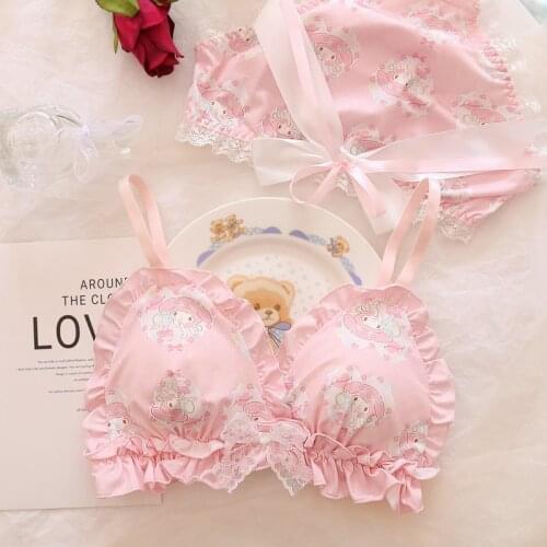 Lolita Womens Cute Milk Ruffle Anime Print Bra & Panties Lingerie Set Japanese Girl Bras Briefs Underwear Lovely Pink Bra Set