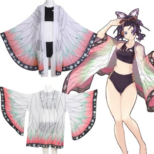 Anime Demon Slayer Swimsuit Kimetsu no Yaiba Cosplay Costume Kochou Shinobu Swimwear Kimono Beach Summer Bathing Suit Summer