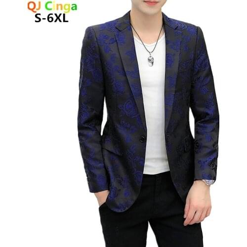 Autumn New Blue Embroidery Blazer Jacket Men Casual Fashion Rose Coat Large Size Male Jacket Jaqueta Black Blue Outerwear 6xl