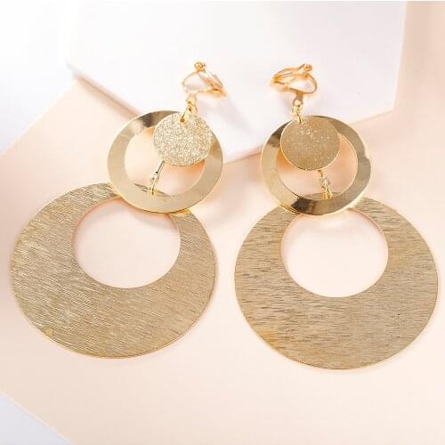 Fashion Metal Retro Big Circle Earrings Personality Exaggerated Clip on Earrings Without Piercing for Women wedding jewelry