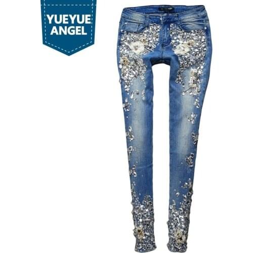 Fashion Vintage Plus Size Women Luxury Embroidered Flares Diamond Denim Jeans Women Beaded Skinny Slim Fit Stretch Pencil Pants