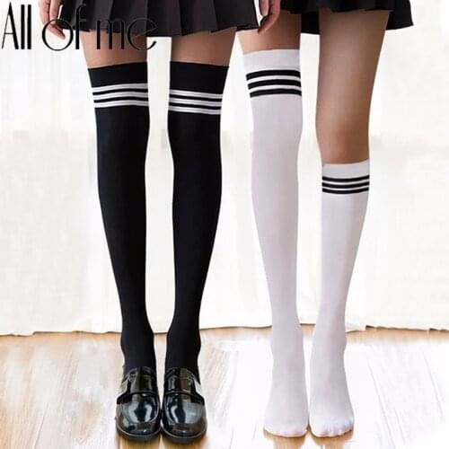 Women Cotton Socks Sexy Over Knee Long Tube Sox Female Harajuku Socks Cute Half Leg Calf Black Striped Slim Stockings for Girls