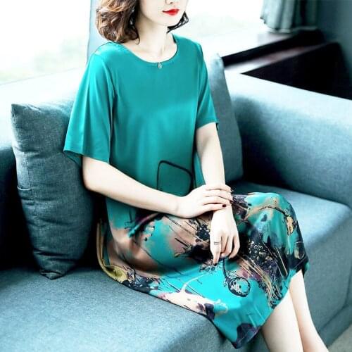 2021 New Summer Middle Aged Women Faux Mulberry Silk Dress Female Short Sleeve Korean Print Dresses Vestidos Plus Size 5XL X39