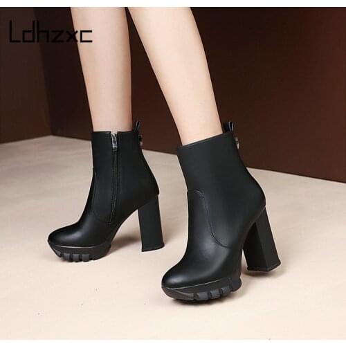 LDHZXC New Fashion High Heels Platform Boots Woman Shoes Round Toe Buckle Autumn Winter Ankle Boots for Women Big Size 43