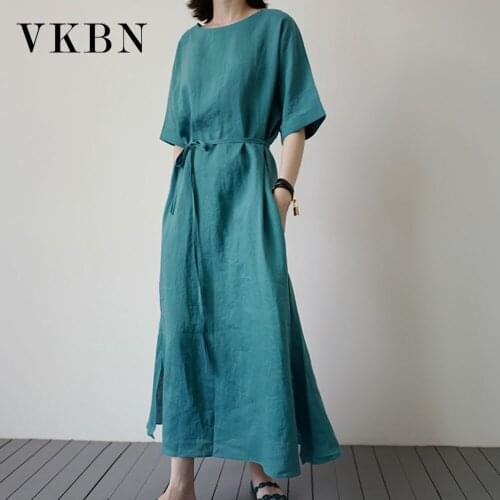 VKBN Dress for Women O Neck Cotton Linen Fabric Casual Short Sleeve Yellow Blue Party Elegant Maxi Dress Fashion