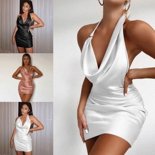Women Summer Sexy Halter Deep V-Neck Backless Bodycon Mini Dress Satin Shiny Solid Color High Waist Package Hip Slim Beach