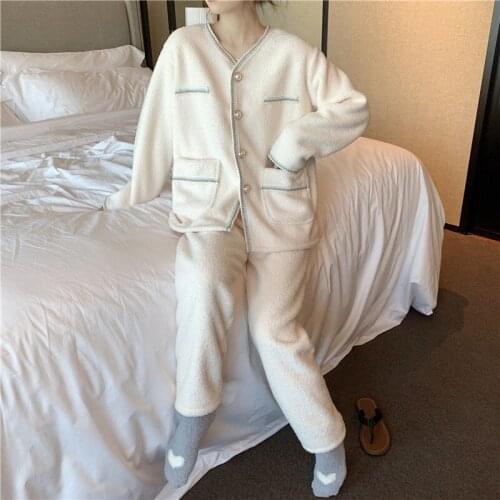 QWEEK Chic Velvet Pajama Woman Winter Elegant Pyjama Pour Femme Two Piece Set Home Clothes Peignoir Black White Trouser Suits