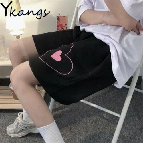 Heart Print Casual Korean Style Baggy Streetwear Shorts Women High Waist Home Loose Fashion Wide Leg Harajuku Biker Short Female