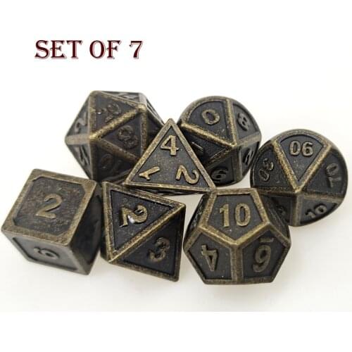 Special Set of 10 Heavy Metal Dice Antique Dirty Bronze Standard 7 Die Set Plus 12 Sided D4, Round D6 and Extra D20 for DND D&D