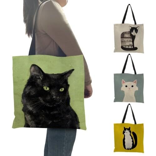 Women Shoulder Bag Black Cat Print Tote Handbags Animal Art Painting Graphic Shopping Bag for Boutique Supermarket Beach Totes