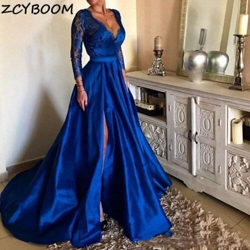 Royal A-Line Evening Dresses Women Formal Party Appliques Lace Vestido De Gala Elegant Long Sleeves V-Neck Split Side Prom Gowns