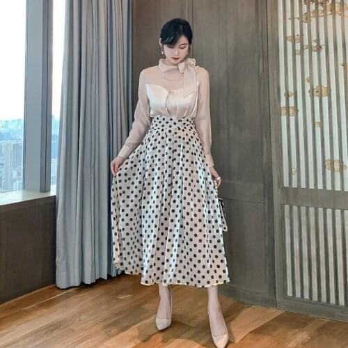 New arrival women temperament two-piece set sexy solid basic shirt and dot long a-line skirt fashion high quality women set