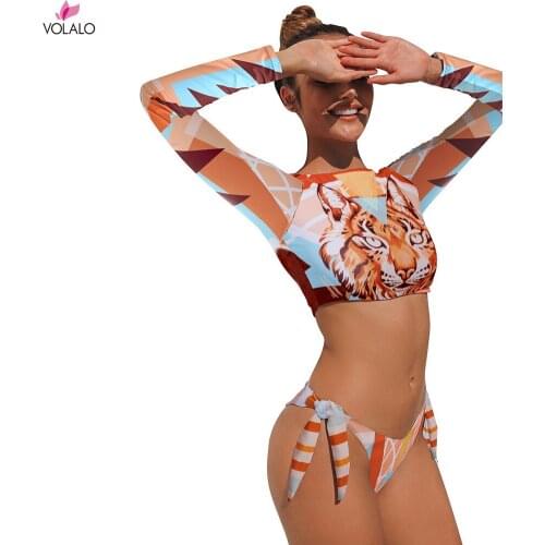 Surfing Swimsuit For Women 2021 Bikini Long Sleeve Swimwear Tiger Print Push Up Summer Bath Suit Two Piece Bandeau Biquini