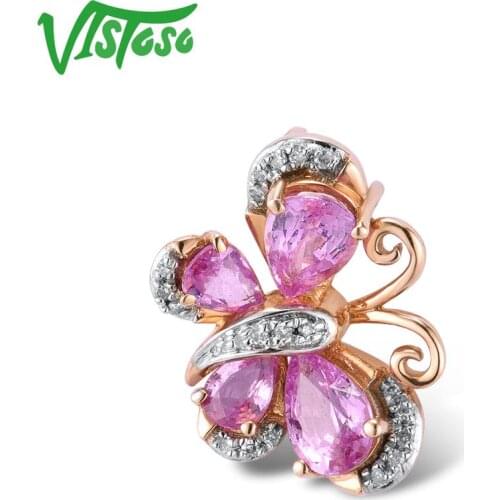 VISTOSO Gold Pendant For Women Genuine 14K 585 Rose Gold Sparkling Diamond Pink Sapphire Delicate Necklace Pendant Fine Jewelry