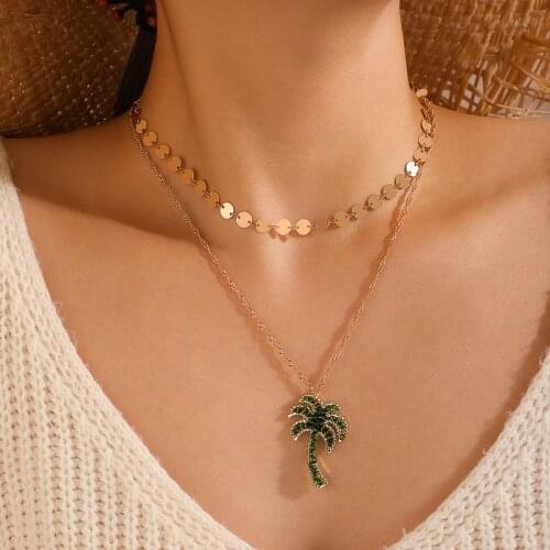 Docona Trendy Green Crystal Coconut Tree Pendant Necklace for Women Bohemian Geometry Adjustable Clavicle Chain Jewelry Collar
