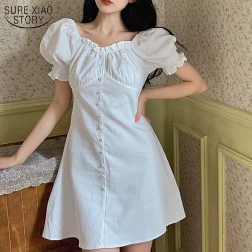 2021 Summer Dress Solid Cotton Square Neck Puff Sleeve Dress for Women Sweet French High Waist Dresses Women Robe Femme 14584