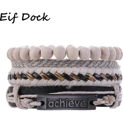 Eif Dock 4pcs/set White Woven Bracelet Letter Achieve Charm Wood Beads Men Leather Bracelets For Women Homme Femme Male Jewelry