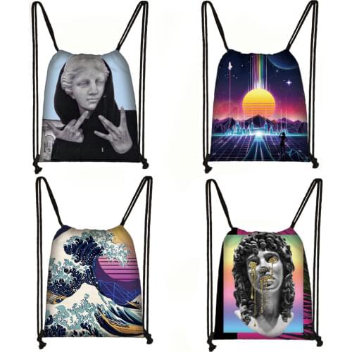 Vaporwave aesthetic statue drawstring bag women canvas storage bags teenager girl causal backpack ladies travel bags