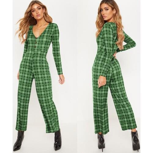 Fashion Womens V-neck Sexy Slim-fitting Waist Plaid Long-sleeved Trousers Jumpsuit Women Jumpsuits 2020