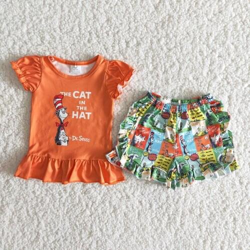 New Arrival Girl Summer Cotton Short Sleeve Outfit Toddler Cute Cartoon Pattern Clothing Set Children Ruffle Suit