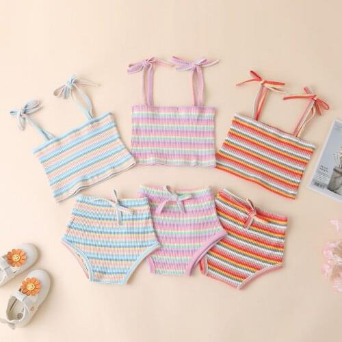 Baby Clothes Summer Newborn Baby Girl Short Set Striped Sleeveless Rainbow Bow Striped Vest Top Shorts Bebe Cute Girl Outfit