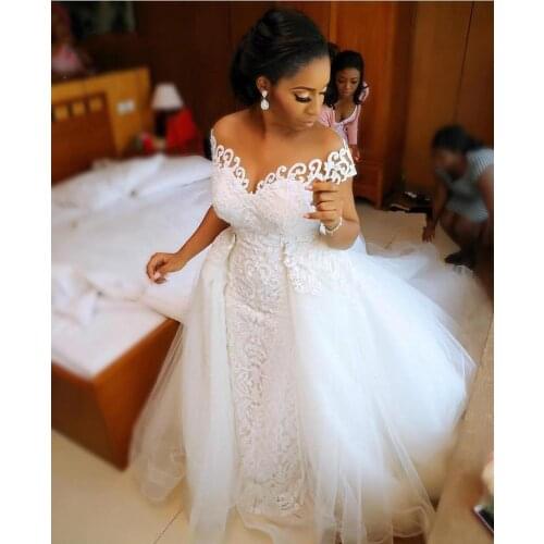 Top Sale Mermaid Off the Shoulder Wedding Gowns Tulle Sweep Train Lace Appliques Luxury Bride Dress Sexy Robe De Mariee