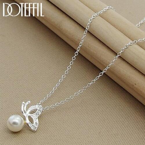 DOTEFFIL 925 Sterling Silver Round Pearl Butterfly Pendants Necklace 18 inch Chain For Woman Wedding Fashion Jewelry Charm