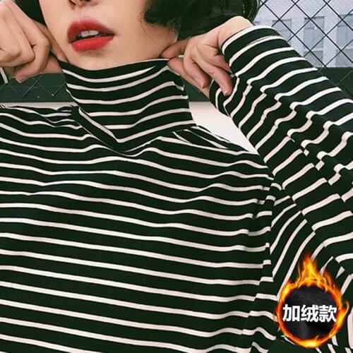 Long-Sleeved Striped T-shirt Womens Korean-Style Loose High-Necked Bottoming Shirt Girls Autumn and Winter Light Fleece T-shirt